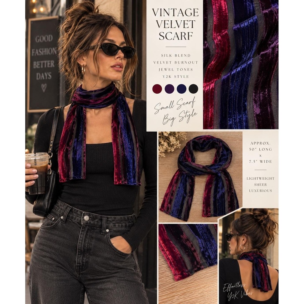 Vintage Y2K Velvet Burnout Scarf Silk Blend Jewel Tone Striped Y2K Small Scarf